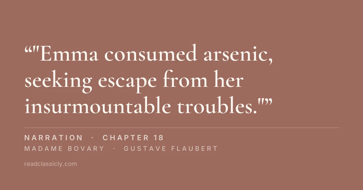 The line ""Emma consumed arsenic, seeking escape from her insurmountable troubles."" from Madame Bovary, chapter 18