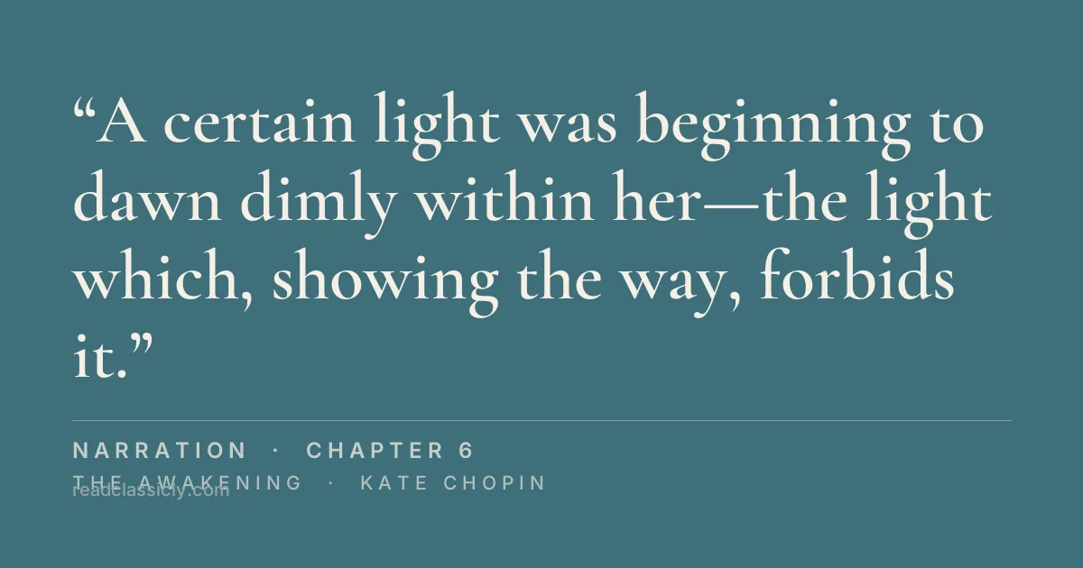The line "A certain light was beginning to dawn dimly within her—the light which, showing the way, forbids it." from The Awakening, chapter 6
