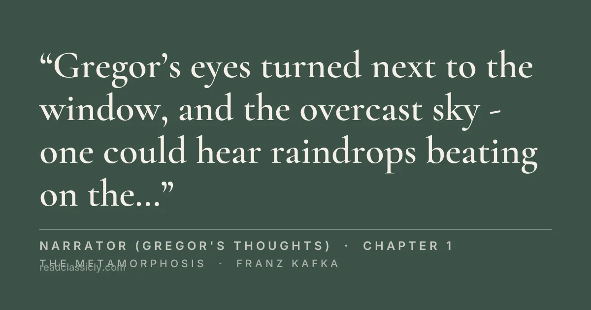 The line "Gregor's eyes turned next to the window, and the overcast sky - one could hear raindrops beating on the window gutter - made him quite melancholy. 'What about if I sleep a little bit longer and forget all this nonsense', he thought." from The Metamorphosis, chapter 1